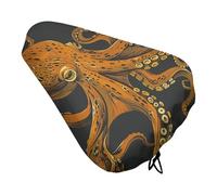 ERSTSNCK Waterproof Bike Seat Cover with Drawstring -Orange Octopus Pattern Universal Exercise Bike Seat Cushion for Men & Women, Comfortable Non-Slip Bicycle Saddle Cover for Road/Mountain Bikes