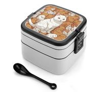 ERSTSNCK White Cat And Hamster Bento Box 1000ml Leak Proof Lunch Container with Removable Dividers & Spoon - BPA-Free PP Stackable Lunch Box for Work, Office, Picnic, Travel, Dining Out