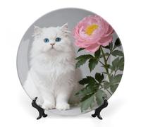 ERSTSNCK White Cat And Peonies_ Ceramic Decorative Plate 10inch Bone China Wall Hanging Ornament Plates Bohemian Style Dinner Plate with Stand Cabinet Display Plates for Home Art Decor