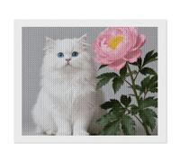 ERSTSNCK White Cat and Peonies_ Diamond Painting Kits for Adults 16"x20" 5D Diamond Art Kits for Beginners DIY Full Drill Round Diamonds Gem Art Crafts Painting for Home Wall Decor