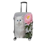 ERSTSNCK White Cat And Peonies_ Luggage Suitcase Covers Elastic Washable Cute Luggage Protector Travel Suitcase Protective Cover For Adult (Fit 19-32 Inch Luggages), white, Small, White Cat and