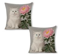 ERSTSNCK White Cat and Peonies_ Pillow Covers 18"x18"（2pcs） Linen Throw Pillow Covers - Double Sided Decorative Square Cushion Cases for Sofa, Bed, Chair (No Insert Included)