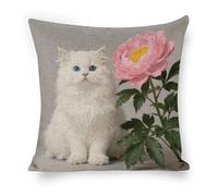 ERSTSNCK White Cat and Peonies_ Pillow Covers 18"x18" Linen Throw Pillow Covers - Double Sided Decorative Square Cushion Cases for Sofa, Bed, Chair (No Insert Included)