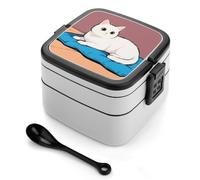 ERSTSNCK White Cat Bento Box 1000ml Leak Proof Lunch Container with Removable Dividers & Spoon - BPA-Free PP Stackable Lunch Box for Work, Office, Picnic, Travel, Dining Out