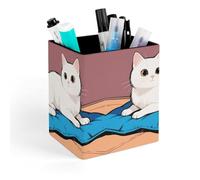 ERSTSNCK White Cat Pen Holder, Pencil Holder Desktop Stationery Organizer Square Leather Pencil Cup Makeup Brush Storage Box for Office Home And Stationary Supplies