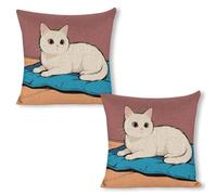 ERSTSNCK White Cat Pillow Covers 18"x18"（2pcs） Linen Throw Pillow Covers - Double Sided Decorative Square Cushion Cases for Sofa, Bed, Chair (No Insert Included)