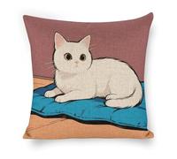ERSTSNCK White Cat Pillow Covers 18"x18" Linen Throw Pillow Covers - Double Sided Decorative Square Cushion Cases for Sofa, Bed, Chair (No Insert Included)