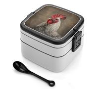 ERSTSNCK White Feather Rooster Bento Box 1000ml Leak Proof Lunch Container with Removable Dividers & Spoon - BPA-Free PP Stackable Lunch Box for Work, Office, Picnic, Travel, Dining Out