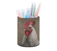 ERSTSNCK White Feather Rooster Pen Holder, Pencil Holder Desktop Stationery Organizer Round Leather Pencil Cup Makeup Brush Storage Box for Office Home And Stationary Supplies