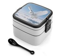 ERSTSNCK White Snowy Owl Bento Box 1000ml Leak Proof Lunch Container with Removable Dividers & Spoon - BPA-Free PP Stackable Lunch Box for Work, Office, Picnic, Travel, Dining Out