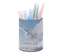 ERSTSNCK White Snowy Owl Pen Holder, Pencil Holder Desktop Stationery Organizer Round Leather Pencil Cup Makeup Brush Storage Box for Office Home And Stationary Supplies