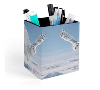 ERSTSNCK White Snowy Owl Pen Holder, Pencil Holder Desktop Stationery Organizer Square Leather Pencil Cup Makeup Brush Storage Box for Office Home And Stationary Supplies