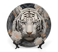 ERSTSNCK White Tiger Photo Puzzle Ceramic Decorative Plate 10inch Bone China Wall Hanging Ornament Plates Bohemian Style Dinner Plate with Stand Cabinet Display Plates for Home Art Decor
