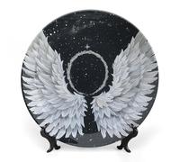 ERSTSNCK White Wings with Halo Ceramic Decorative Plate 7inch Bone China Wall Hanging Ornament Plates Bohemian Style Dinner Plate with Stand Cabinet Display Plates for Home Art Decor