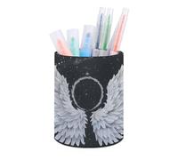 ERSTSNCK White Wings with Halo Pen Holder, Pencil Holder Desktop Stationery Organizer Round Leather Pencil Cup Makeup Brush Storage Box for Office Home And Stationary Supplies