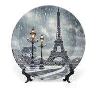 ERSTSNCK - Winter Eiffel Tower Ceramic Wall Hanging Plaque 10" Porcelain Bone Decor Plate Boho Dinner Plate with Stand