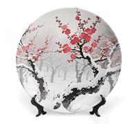 ERSTSNCK Winter Plum Grove Ceramic Plate 6inch Decorative Bone China Wall Hanging Ornament Plates Bohemian Style Dinner Plate with Display Stand Cabinet Display Plates for Home Art Decor