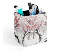 ERSTSNCK Winter Plum Grove Pen Holder, Pencil Holder Desktop Stationery Organizer Square Leather Pencil Cup Makeup Brush Storage Box for Office Home And Stationary Supplies