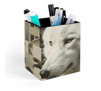 ERSTSNCK Wolves And Their Home Pen Holder, Pencil Holder Desktop Stationery Organizer Square Leather Pencil Cup Makeup Brush Storage Box for Office Home And Stationary Supplies