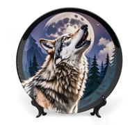 ERSTSNCK Wolves Ceramic Plate 10inch Decorative Bone China Wall Hanging Ornament Plates Bohemian Style Dinner Plate with Display Stand Cabinet Display Plates for Home Art Decor