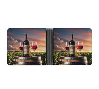 ERSTSNCK Wooden Wine Barrel on Wine Bottle Wallet for Men Bifold Rfid Blocking Slim Money Clip Front Pocket Wallet Card Holder