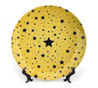 ERSTSNCK Yellow Background with Black Stars Ceramic Decorative Plate 8inch Bone China Wall Hanging Ornament Plates Bohemian Style Dinner Plate with Stand Cabinet Display Plates for Home Art Decor