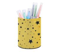 ERSTSNCK Yellow Background with Black Stars Pen Holder, Pencil Holder Desktop Stationery Organizer Round Leather Pencil Cup Makeup Brush Storage Box for Office Home And Stationary Supplies