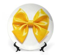 ERSTSNCK Yellow Bow Ceramic Decorative Plate 10inch Bone China Wall Hanging Ornament Plates Bohemian Style Dinner Plate with Stand Cabinet Display Plates for Home Art Decor