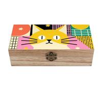 ERSTSNCK Yellow Cat Design Wooden Storage Box Elegant Retro Jewelry Box with Hinged Lid Decorative Keepsake Boxes Decor Handmade Organizer Boxes for Wedding, Party, Gift, Diy Craft, Home Decor