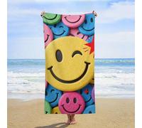 ERSTSNCK Yellow Star Happy Face Beach Towel Oversized 31" X 63" Absorbent Towels Quick Dry Pool Towel Lightweight Bath Towels Sandproof Beach Blanket for Gym Swimming Sports Travel Gifts