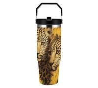 ERSTSNCK Yellow Sunflowers And Leopard 30oz Tumbler Large Capacity Car Cup with Handle And Straw Lid Stainless Steel Travel Mug Double Wall Vacuum Insulated Cup Leak-Proof for Outdoor Home Use