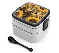 ERSTSNCK Yellow Sunflowers And Leopard Bento Box 1000ml Leak Proof Lunch Container with Removable Dividers & Spoon - BPA-Free PP Stackable Lunch Box for Work, Office, Picnic, Travel, Dining Out