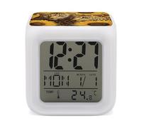 ERSTSNCK Yellow Sunflowers and Leopard Night Light Alarm Clock LED Display Alarms for Bedroom Smart Digital Alarm Clock Wtih 7 Colorful Ambient Lights Sleep Timer for Heavy Sleepers Simple Operation
