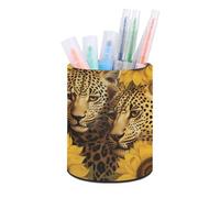 ERSTSNCK Yellow Sunflowers And Leopard Pen Holder, Pencil Holder Desktop Stationery Organizer Round Leather Pencil Cup Makeup Brush Storage Box for Office Home And Stationary Supplies
