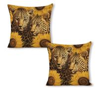 ERSTSNCK Yellow Sunflowers and Leopard Pillow Covers 18"x18"（2pcs） Linen Throw Pillow Covers - Double Sided Decorative Square Cushion Cases for Sofa, Bed, Chair (No Insert Included)