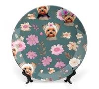 ERSTSNCK Yorkie Floral Pattern Ceramic Decorative Plate 10inch Bone China Wall Hanging Ornament Plates Bohemian Style Dinner Plate with Stand Cabinet Display Plates for Home Art Decor