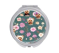 ERSTSNCK Yorkie Floral Pattern Compact Mirror for Purse, Double-Sided 1x/2x Magnifying Metal Pocket Makeup Mirrors, Folding Mini Vanity Mirror, Handheld Round Travel Cosmetic Mirrors for Women