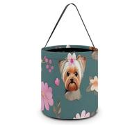 ERSTSNCK Yorkie Floral Pattern Halloween Candy Buckets Reusable Tote Candy Bag - Trick Or Treat Goody Bag with Handles
