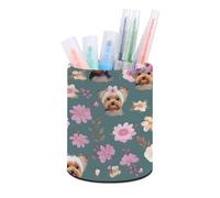 ERSTSNCK Yorkie Floral Pattern Pen Holder, Pencil Holder Desktop Stationery Organizer Round Leather Pencil Cup Makeup Brush Storage Box for Office Home And Stationary Supplies