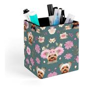 ERSTSNCK Yorkie Floral Pattern Pen Holder, Pencil Holder Desktop Stationery Organizer Square Leather Pencil Cup Makeup Brush Storage Box for Office Home And Stationary Supplies