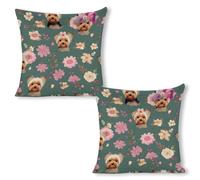 ERSTSNCK Yorkie Floral Pattern Pillow Covers 18"x18"（2pcs） Linen Throw Pillow Covers - Double Sided Decorative Square Cushion Cases for Sofa, Bed, Chair (No Insert Included)