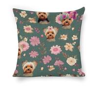 ERSTSNCK Yorkie Floral Pattern Pillow Covers 18"x18" Linen Throw Pillow Covers - Double Sided Decorative Square Cushion Cases for Sofa, Bed, Chair (No Insert Included)