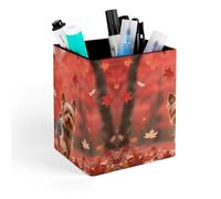 ERSTSNCK Yorkshire Terrier in Maple Forest Pen Holder, Pencil Holder Desktop Stationery Organizer Square Leather Pencil Cup Makeup Brush Storage Box for Office Home And Stationary Supplies