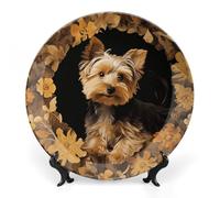 ERSTSNCK Yorkshire Terrier in The Cave Ceramic Decorative Plate 6inch Bone China Wall Hanging Ornament Plates Bohemian Style Dinner Plate with Stand Cabinet Display Plates for Home Art Decor