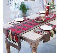 ERSTUME Christmas Table Runners with 4 Placemats Table Decorations Embroidered Cotton Linen 2 Sides Table Mats Dining for Xmas Holiday Home Party