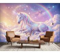 ERUGWHNK Magical Unicorn and Rainbow Photo Wallpaper, Dreamy Pastel Clouds Fairy Tale Wall Mural for Girls Bedroom Kids Playroom Baby Girl Room Nursery, Non-Woven Decorative Art 100x70 cm