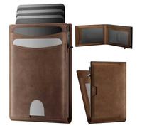 ERUSEHE Pop Up Wallet for Men, RFID Blocking Leather Wallet with Aluminum Card Holder, Slim Front Pocket Minimalist, Magnetic Flap Closure, 2 ID Windows, Up to 13 Cards + 15 Bills, Gift Box (Brown)