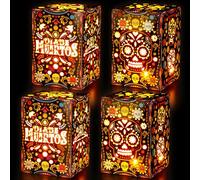Erweicet Day of The Dead Decorations 24pcs Sugar Skull Paper Candles Holders Boxes with 24 Flameless LED Tea Lights Candles Dia De Muertos Decorations Supplies (TD-LB)