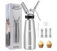 ERWEY Whipped Cream Siphon, 500 ml, Stainless Steel Kitchen Siphon, Cream Siphon with 3 Nozzles and 1 Cleaning Brush, Siphon for Whipped Cream for Cake and Dessert Decoration (Silver)