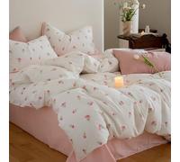 Erwinmu Floral Comforter Set Queen Size - 3 Pieces Pink White Floral Comforter Bedding Sets Tulips Pattern,Queen Bed in a Bag with Heart Comforter and 2 Pillowcases